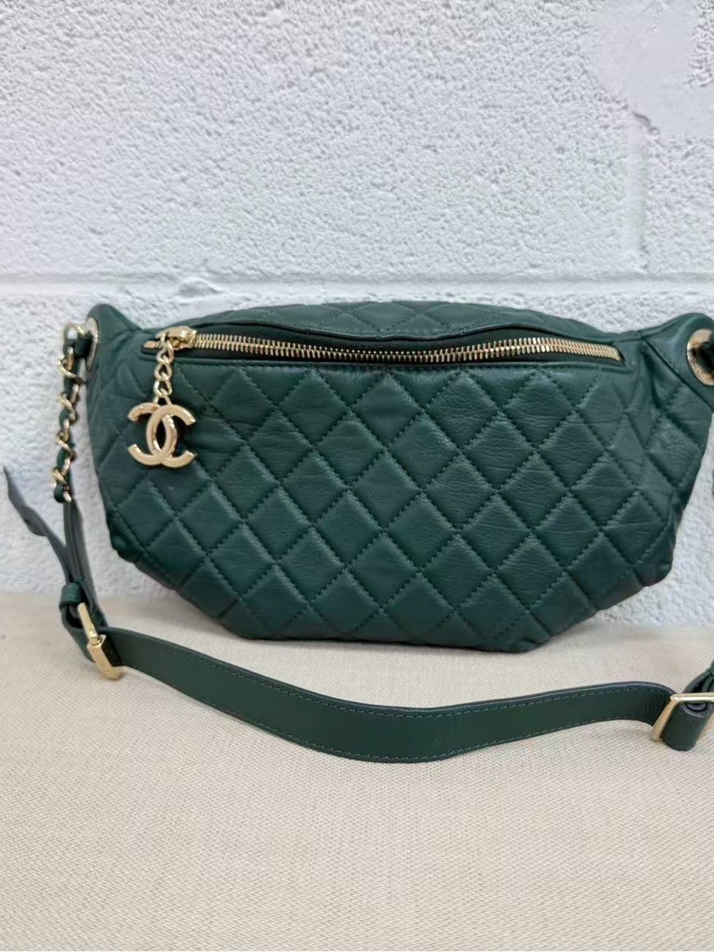 CHANEL Green Quilted Leather Crossbody Belt Bag with Gold CC Charm